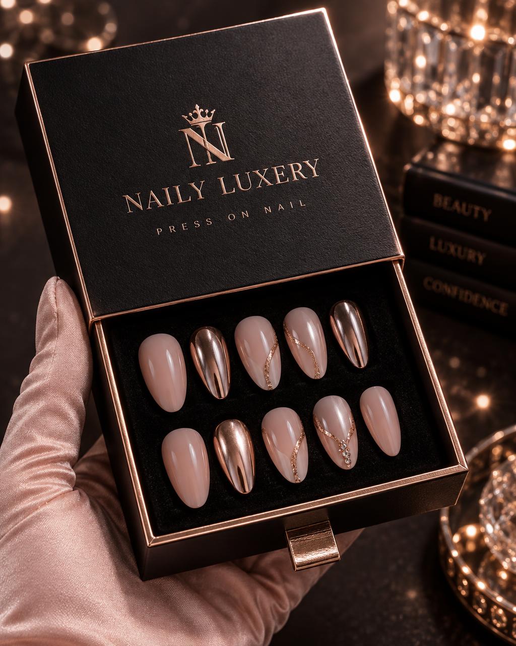 Coffret tiroir noir et or rose NAILY LUXERY ouvert sur des press-ons nude et chrome